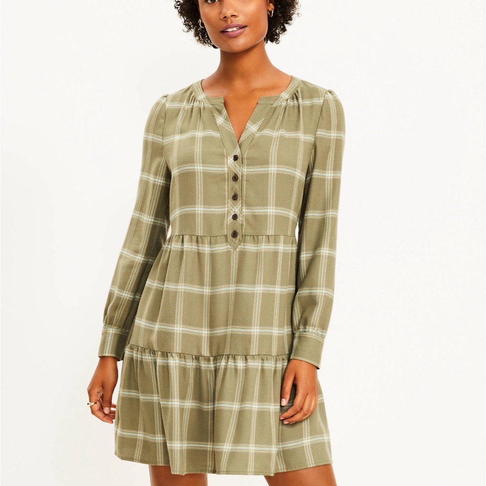 Loft Petite Sage Green Plaid Tiered Dress